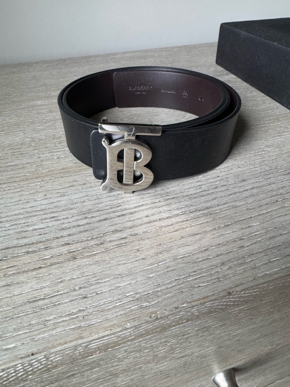 Burberry Black Leather Belt with Silver TB Monogram Buckle
